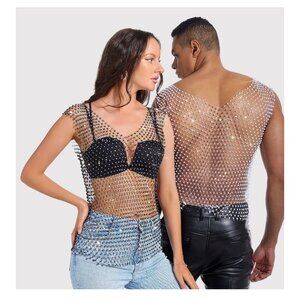 New Crystal Studded Silver Fishnet Tank Top